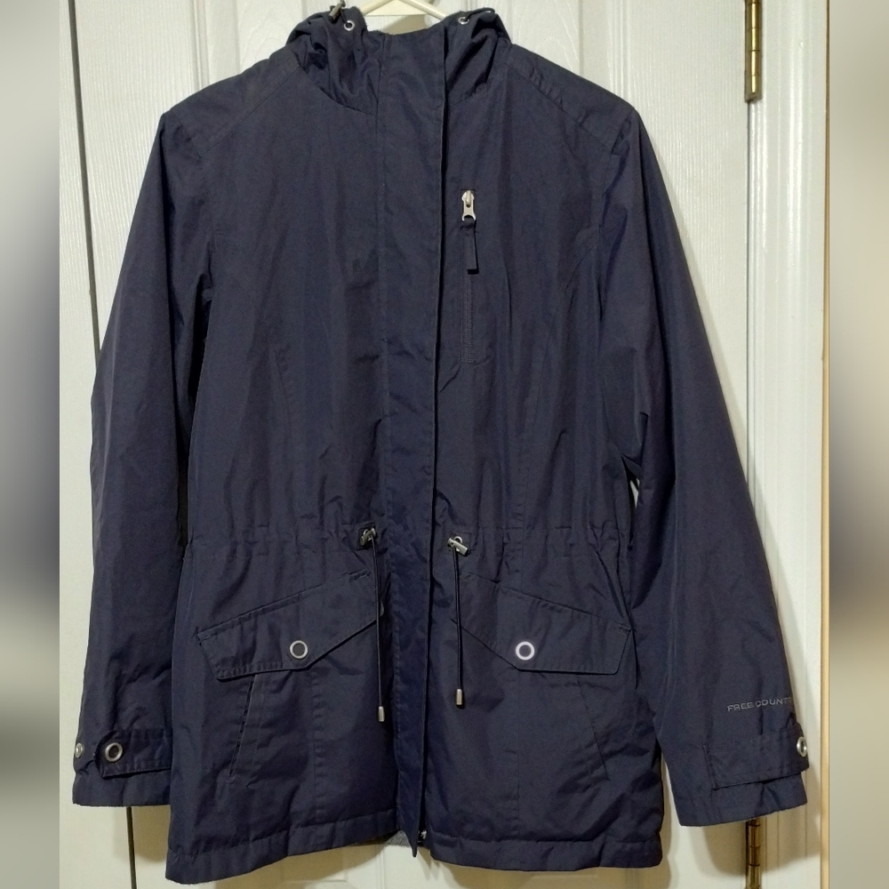 Free Country Women's Size S Navy Hooded Rain Jacket Coat w/Gray Faux Fur Lining